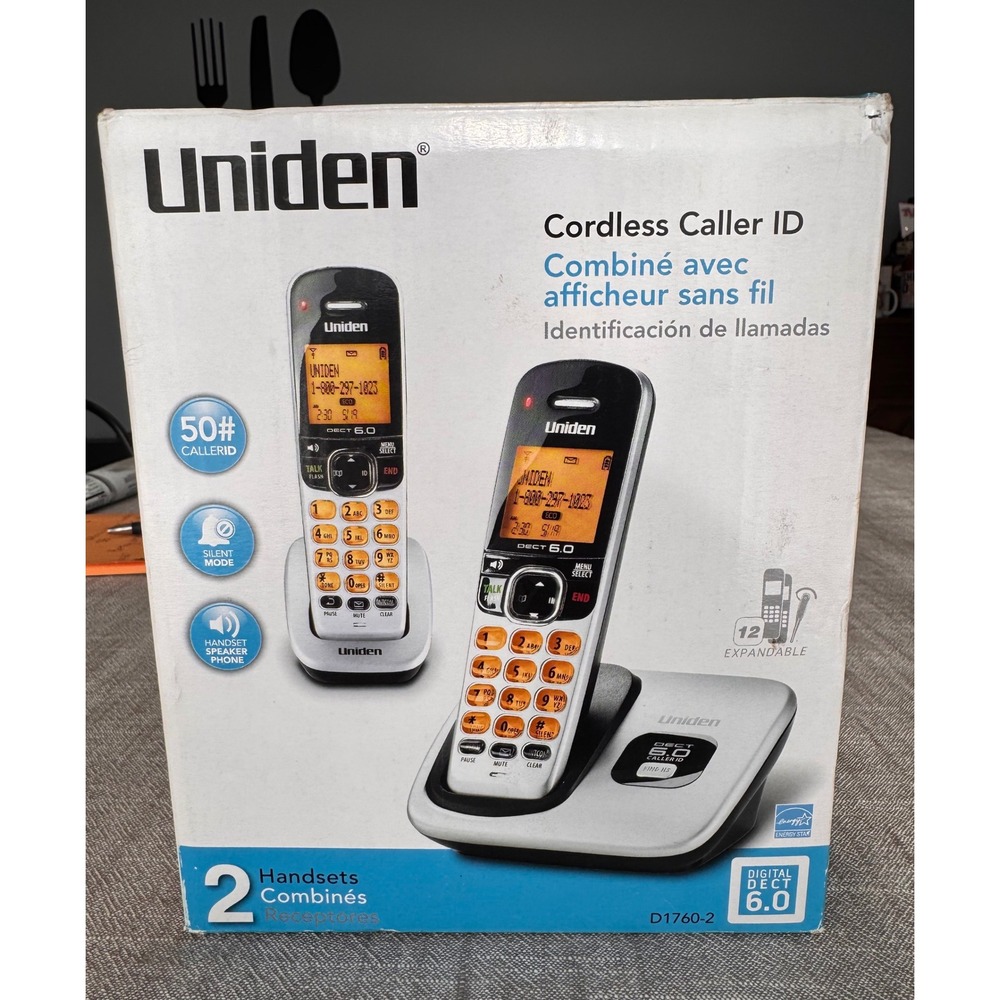Uniden D1760-2 DECT 6.0 Cordless Phone System 2 Handsets Caller ID Silver Black